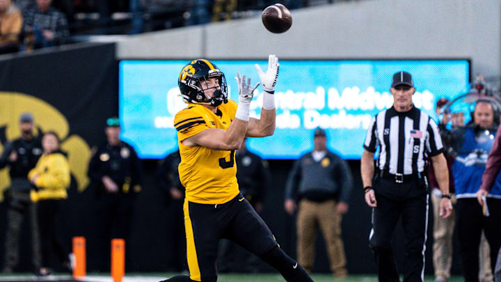 Iowa defensive back Cooper DeJean (3) catches a punt at Kinnick Stadium on Saturday, October 21, 2023.