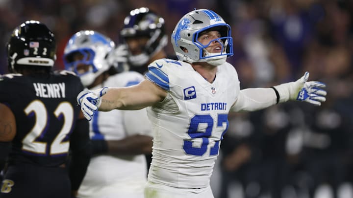 Sep 22, 2025; Baltimore, Maryland, USA; Detroit Lions defensive end Aidan Hutchinson (97) reacts against the Baltimore Ravens during the second half at M&T Bank Stadium. Mandatory Credit: Peter Casey-Imagn Images