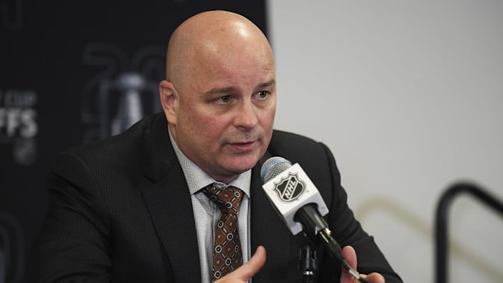 May 4, 2024; Boston, Massachusetts, USA; Boston Bruins coach Jim Montgomery speaks to the media after defeating the Toronto Maple Leafs in game seven of the first round of the 2024 Stanley Cup Playoffs at TD Garden. Mandatory Credit: Bob DeChiara-Imagn Images