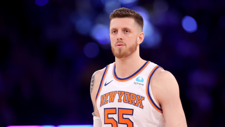 May 19, 2024; New York, New York, USA; New York Knicks center Isaiah Hartenstein (55) reacts during the third quarter of game seven of the second round of the 2024 NBA playoffs against the Indiana Pacers at Madison Square Garden. Mandatory Credit: Brad Penner-USA TODAY Sports May 19, 2024; New York, New York, USA; New York Knicks center Isaiah Hartenstein (55) reacts during the third quarter of game seven of the second round of the 2024 NBA playoffs against the Indiana Pacers at Madison Square Garden. Mandatory Credit: Brad Penner-USA TODAY Sports