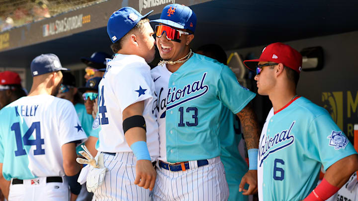 Mets prospects Mark Vientos, right, and Francisco Alvarez, left, chest-bump at the MLB All-Star Futures Game.
