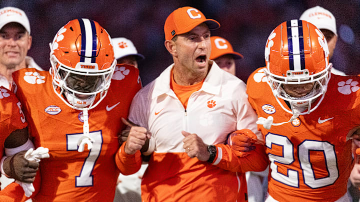 Head coach Dabo Swinney of the Clemson Tigers takes part in the Walk of Champions before the game against the Louisville Cardinals at Memorial Stadium on November 2, 2024 in Clemson, South Carolina.