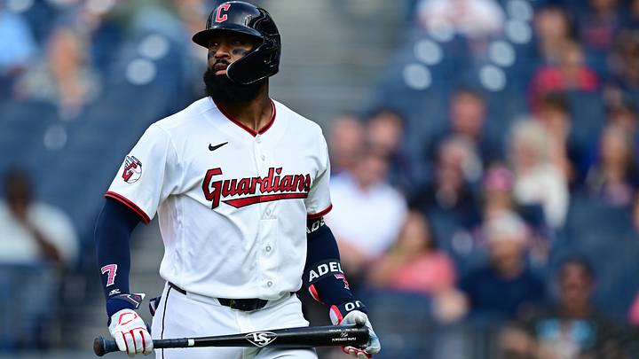 Aug 16, 2026: Cleveland Guardians left fielder Jo Adell (7) walks to the dugout after striking out during the seventh inning against the San Diego Padres at Progressive Field. Credit: David Dermer-Imagn Images