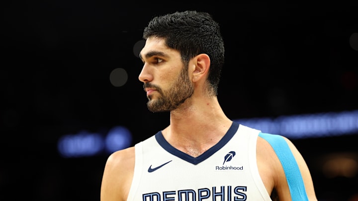 Oct 29, 2025; Phoenix, Arizona, USA; Memphis Grizzlies forward Santi Aldama (7) against the Phoenix Suns at the Mortgage Matchup Center. Mandatory Credit: Mark J. Rebilas-Imagn Images