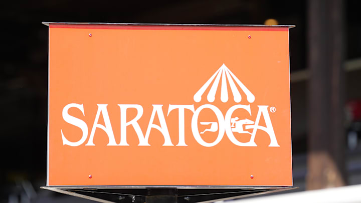 Jun 2, 2025; Saratoga, NY, USA; A Saratoga Race Course sign at Saratoga Race Course. 