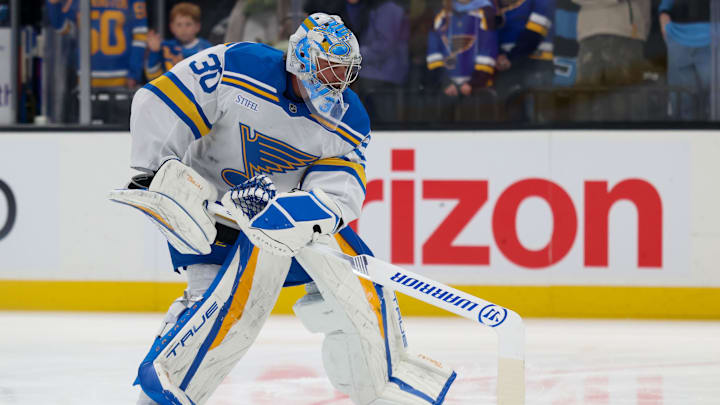 Apr 16, 2026; Salt Lake City, Utah, USA; St. Louis Blues goaltender Joel Hofer (30) warms up before a game against the Utah Mammoth at Delta Center. Mandatory Credit: Rob Gray-Imagn Images