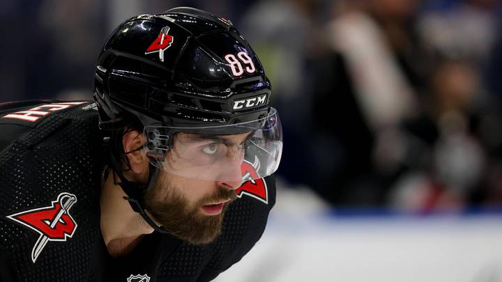 Buffalo Sabres right wing Alex Tuch (89) waits for the face-off during the third period against the New Jersey Devils at KeyBank Center. Mandatory Credit: Timothy T. Ludwig-Imagn Images