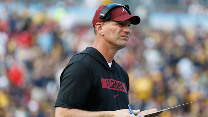 Dec 31, 2024; Tampa, FL, USA; Alabama Crimson Tide head coach Kalen DeBoer looks on against the Michigan Wolverines during the first half at Raymond James Stadium. Mandatory Credit: Matt Pendleton-Imagn Images