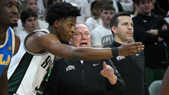 Feb 17, 2026; East Lansing, Michigan, USA; Michigan State Spartans head coach Tom Izzo and Michigan State Spartans forward Cameron Ward (3) disagree during the first half against the UCLA Bruins at Jack Breslin Student Events Center. Mandatory Credit: Dale Young-Imagn Images