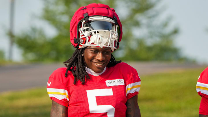 Jul 26, 2024; Kansas City, MO, USA; Kansas City Chiefs wide receiver Marquise “Hollywood”  Brown (5) walks down the hill from the locker room to the fields during training camp at Missouri Western State University. Mandatory Credit: Denny Medley-USA TODAY Sports