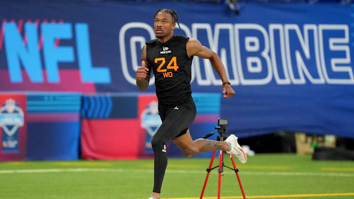 Mar 1, 2025; Indianapolis, IN, USA; Oregon wideout Tez Johnson (WO24) during the 2025 NFL Combine at Lucas Oil Stadium. Mandatory Credit: Kirby Lee-Imagn Images