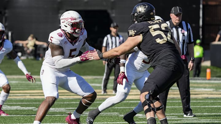 Oct 28, 2023; Winston-Salem, North Carolina, USA; Florida State Seminoles defensive lineman Jared Verse.