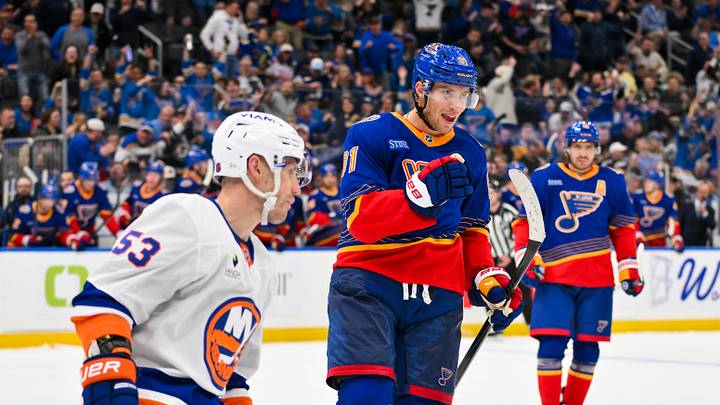 Mar 10, 2026; St. Louis, Missouri, USA; St. Louis Blues left wing Dylan Holloway (81) reacts after scoring against the New York Islanders during the second period at Enterprise Center. Mandatory Credit: Jeff Curry-Imagn Images Mar 10, 2026; St. Louis, Missouri, USA; St. Louis Blues left wing Dylan Holloway (81) reacts after scoring against the New York Islanders during the second period at Enterprise Center. Mandatory Credit: Jeff Curry-Imagn Images