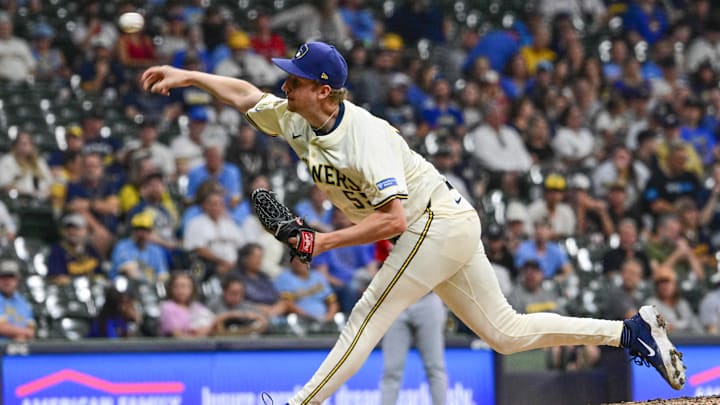 Sep 17, 2025; Milwaukee, Wisconsin, USA; Milwaukee Brewers pitcher Erick Fedde (59) throws against the Los Angeles Angels in the eighth inning at American Family Field. Mandatory Credit: Benny Sieu-Imagn Images