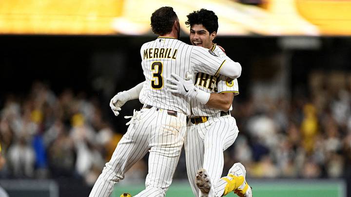 Sep 19, 2026; San Diego, California, USA; San Diego Padres pinch hitter Ethan Salas (8) celebrates with center fielder Jackson Merrill (3) after hitting a walk-off single during the tenth inning against the Miami Marlins at Petco Park. Mandatory Credit: Denis Poroy-Imagn Images TPX IMAGES OF THE DAY Sep 19, 2026; San Diego, California, USA; San Diego Padres pinch hitter Ethan Salas (8) celebrates with center fielder Jackson Merrill (3) after hitting a walk-off single during the tenth inning against the Miami Marlins at Petco Park. Mandatory Credit: Denis Poroy-Imagn Images TPX IMAGES OF THE DAY