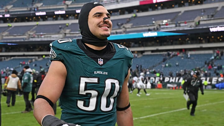 Dec 14, 2025; Philadelphia, Pennsylvania, USA; Philadelphia Eagles linebacker Jaelan Phillips (50) walks off the field after win against the Las Vegas Raiders at Lincoln Financial Field. Mandatory Credit: Eric Hartline-Imagn Images