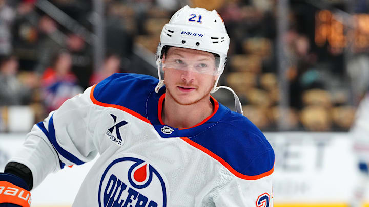 Edmonton Oilers center Trent Frederic warms up before game one against the Vegas Golden Knights.
