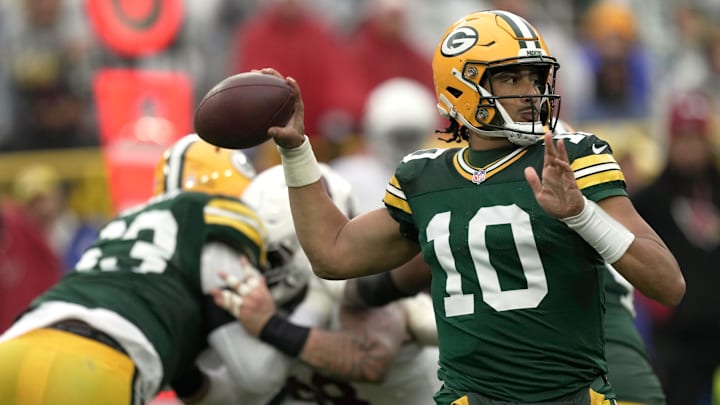 Green Bay Packers quarterback Jordan Love (10) thows downfield during the second quarter of their game against the Arizona Cardinals Sunday, October 13, 2024 at Lambeau Field in Green Bay, Wisconsin.