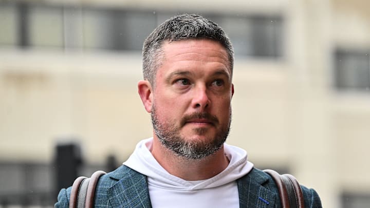 Nov 8, 2025; Iowa City, Iowa, USA; Oregon Ducks head coach Dan Lanning enters Kinnick Stadium before the game against the Iowa Hawkeyes.