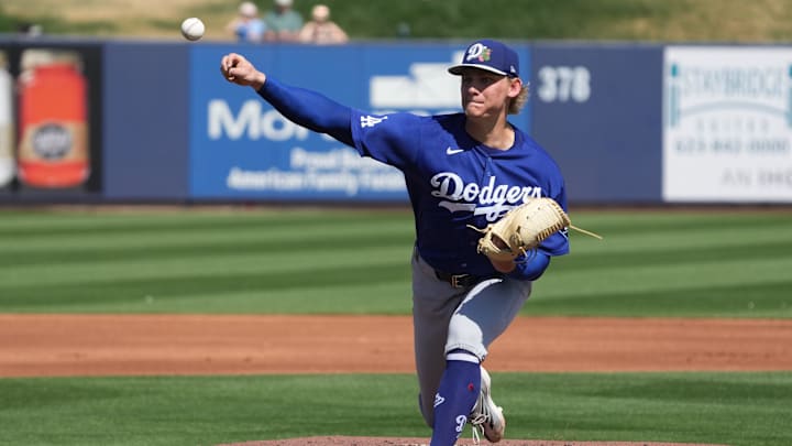 Mar 9, 2026; Phoenix, Arizona, USA; Los Angeles Dodgers pitcher Emmet Sheehan (80) throws against the Milwaukee Brewers in the first inning at American Family Fields of Phoenix. Mandatory Credit: Rick Scuteri-Imagn Images Mar 9, 2026; Phoenix, Arizona, USA; Los Angeles Dodgers pitcher Emmet Sheehan (80) throws against the Milwaukee Brewers in the first inning at American Family Fields of Phoenix. Mandatory Credit: Rick Scuteri-Imagn Images