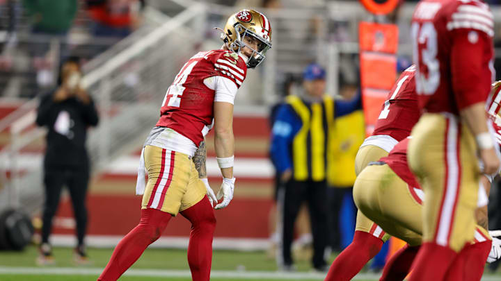 Dec 30, 2024; Santa Clara, California, USA; San Francisco 49ers wide receiver Ricky Pearsall (14) during the game against the Detroit Lions at Levi's Stadium. Mandatory Credit: Sergio Estrada-Imagn Images
