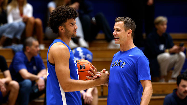 Duke Men's Basketball Open Practice; Duke basketball head coach Jon Scheyer and forward Cameron Boozer