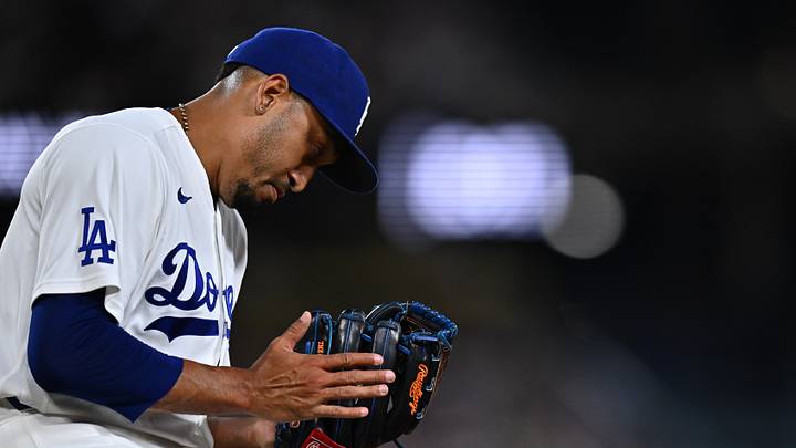 Sep 22, 2026; Los Angeles, California, USA;  Los Angeles Dodgers pitcher Edwin Diaz (3) reacts after getting the third out during the fifth inning against the San Diego Padres at Dodger Stadium.  Mandatory Credit: William Liang-Imagn Images