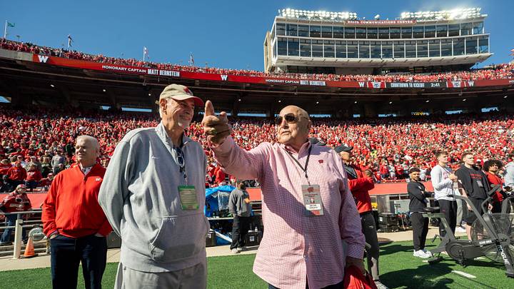 Former Wisconsin head football coach and athletic director Barry Alvarez, right, is shown before their game against Michigan State Saturday, October 3, 2026. 