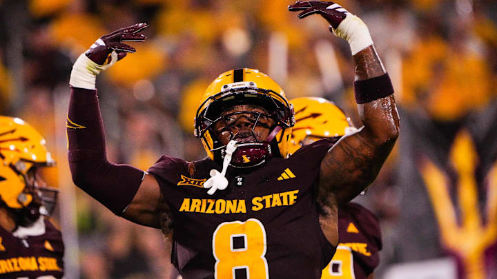 Aug 30, 2025; Tempe, Arizona, USA; Arizona State Sun Devils linebacker Jordan Crook (8) celebrates during the third quarter of the game between Arizona State Sun Devils and Northern Arizona Lumberjacks at Mountain America Stadium. Mandatory Credit: Arianna Grainey-Imagn Images