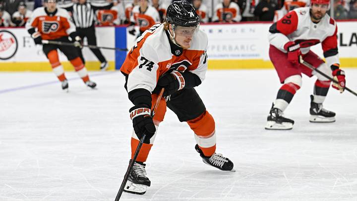 Oct 3, 2026; Philadelphia, Pennsylvania, USA; Philadelphia Flyers right wing Owen Tippett (74) skates with the puck against the Carolina Hurricanes during the second period at Xfinity Mobile Arena.