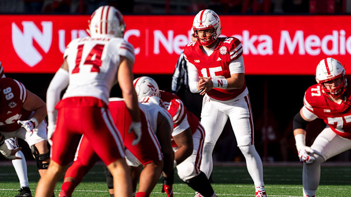 Nov 23, 2024; Lincoln, Nebraska, USA; Nebraska Cornhuskers quarterback Dylan Raiola (15) waits for a snap during the first quarter against the Wisconsin Badgers at Memorial Stadium.