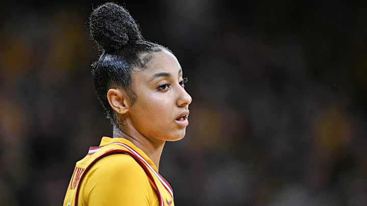 Feb 2, 2025; Iowa City, Iowa, USA; USC Trojans guard JuJu Watkins (12) looks on during the game against the Iowa Hawkeyes at Carver-Hawkeye Arena. Mandatory Credit: Jeffrey Becker-Imagn Images