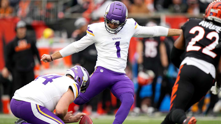 Dec 16, 2023; Cincinnati, Ohio, USA; Minnesota Vikings place kicker Greg Joseph (1) kicks a successful field goal in the third quarter against the Cincinnati Bengals at Paycor Stadium. Dec 16, 2023; Cincinnati, Ohio, USA; Minnesota Vikings place kicker Greg Joseph (1) kicks a successful field goal in the third quarter against the Cincinnati Bengals at Paycor Stadium.