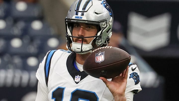 Aug 16, 2025; Houston, Texas, USA; Carolina Panthers quarterback Jack Plummer (16) warms up before playing against the Houston Texans at NRG Stadium. 