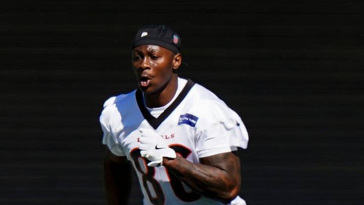 Bengals wide receiver Colbie Young (86) runs down field during a rookie mini camp workout at the Bengals practice facility in downtown Cincinnati on Friday, May 8, 2026.