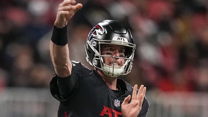 Jan 9, 2022; Atlanta, Georgia, USA; Atlanta Falcons quarterback Matt Ryan (2) passes against the New Orleans Saints during the first quarter at Mercedes-Benz Stadium. Mandatory Credit: Dale Zanine-Imagn Images
