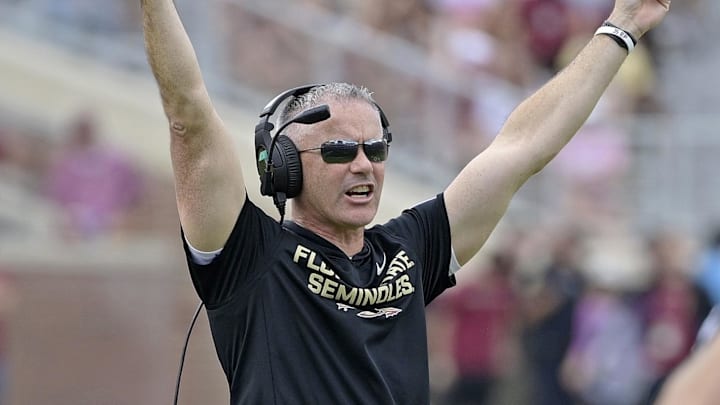 Oct 11, 2025; Tallahassee, Florida, USA; Florida State Seminoles head coach Mike Norvell during the second half against the Pittsburgh Panthers at Doak S. Campbell Stadium. Mandatory Credit: Melina Myers-Imagn Images
