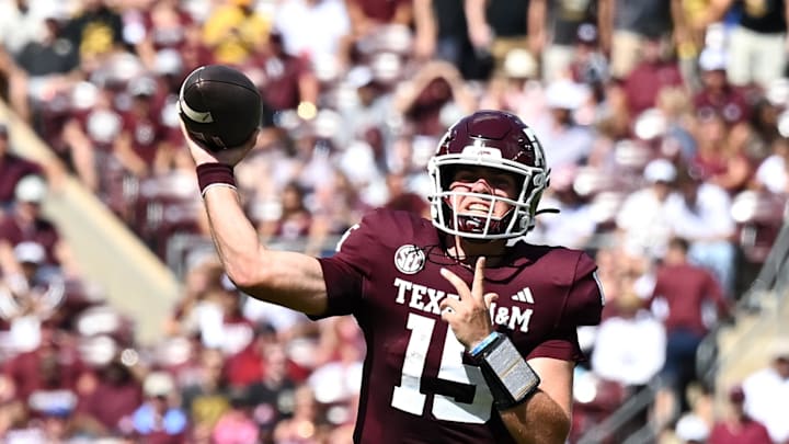 Oct 5, 2024; College Station, Texas, USA; Texas A&M Aggies quarterback Conner Weigman (15) passes the ball in the first half against the Missouri Tigers at Kyle Field. Mandatory Credit: Maria Lysaker-Imagn Images. 
