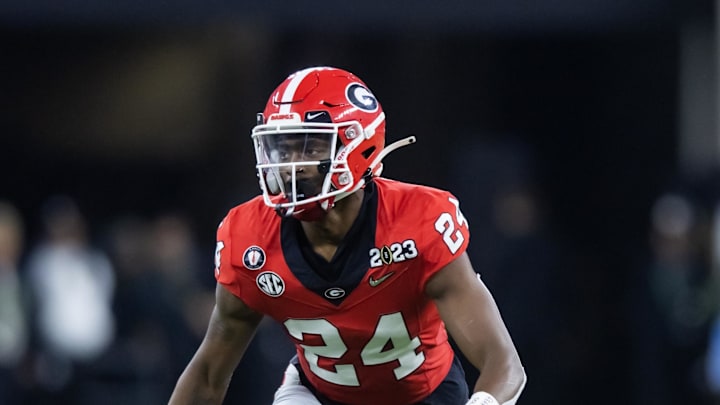 Jan 9, 2023; Inglewood, CA, USA; Georgia Bulldogs defensive back Malaki Starks (24) against the TCU Horned Frogs during the CFP national championship game at SoFi Stadium. Mandatory Credit: Mark J. Rebilas-Imagn Images