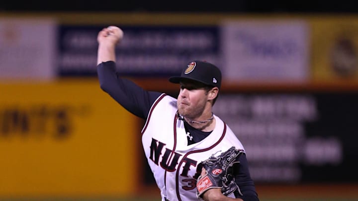 Modesto Nuts pitcher Chris Jensen (33) during the eighth inning of the California League vs Carolina League All Star Game at San Jose Municipal Stadium. The Carolina League defeated the California League 12-2 in 2013.