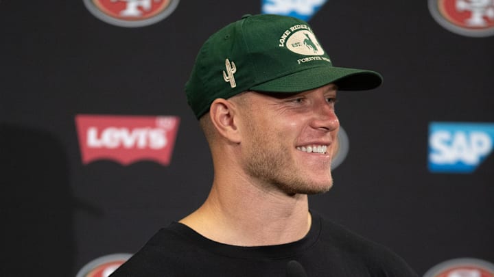 Jul 25, 2024; Santa Clara, CA, USA; San Francisco 49ers running back Christian McCaffrey answers questions at a press conference following Day 3 of training camp at SAP Performance Facility. Mandatory Credit: D. Ross Cameron-Imagn Images