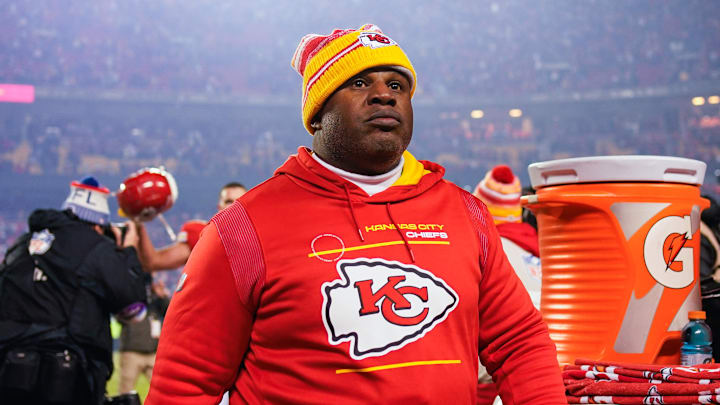 Jan 23, 2022; Kansas City, Missouri, USA; Kansas City Chiefs offensive coordinator Eric Bieniemy leaves the field after defeating the Buffalo Bills in an AFC Divisional playoff football game at GEHA Field at Arrowhead Stadium. Mandatory Credit: Jay Biggerstaff-Imagn Images