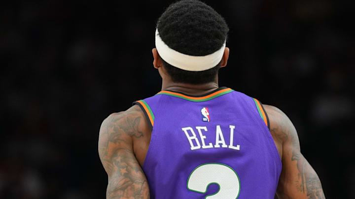 Jan 11, 2025; Phoenix, Arizona, USA; Phoenix Suns guard Bradley Beal (3) dribbles against the Utah Jazz during the first half at Footprint Center. Mandatory Credit: Joe Camporeale-Imagn Images