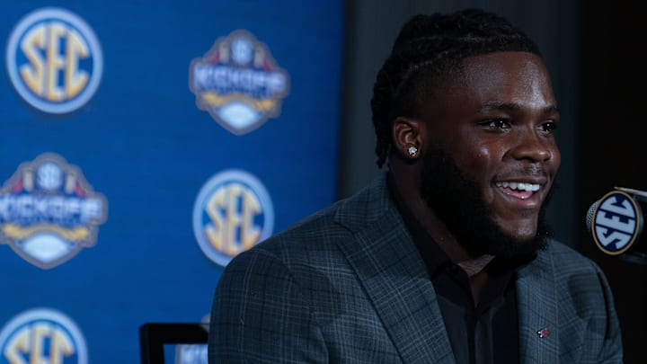 South Carolina football running back Rocket Sanders at SEC Media Days in 2023 when he was part of the Arkansas Razorbacks