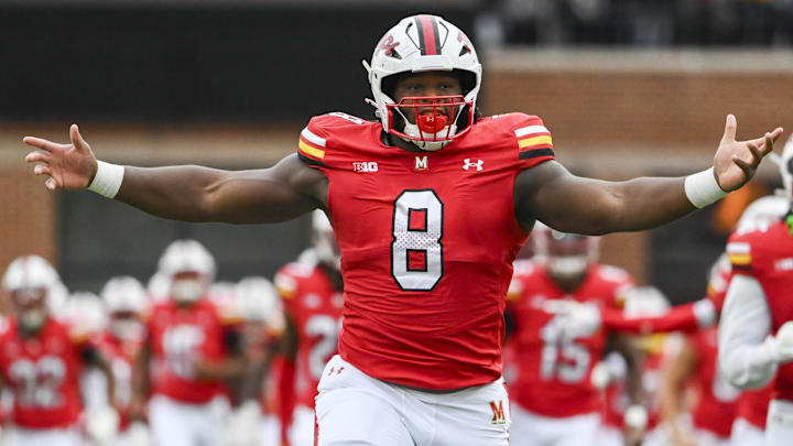 Maryland Terrapins defensive lineman Jordan Phillips (8) takes the field before the game against the Michigan State Spartans at SECU Stadium. Maryland Terrapins defensive lineman Jordan Phillips (8) takes the field before the game against the Michigan State Spartans at SECU Stadium.