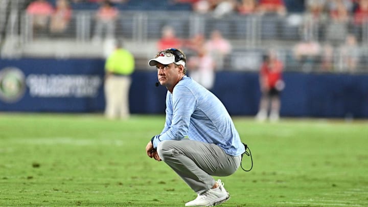 Ole Miss head coach Lane Kiffin looks at the scoreboard during a timeout against the Central Arkansas Bears during the second quarter at Vaught-Hemingway Stadium in Oxford, Miss., on Sept 10, 2022.
