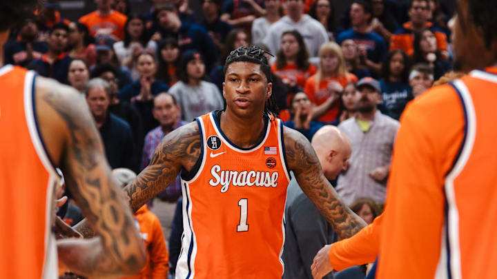 Feb 7, 2026; Charlottesville, Virginia, USA; Syracuse Orange forward Donnie Freeman (1) is announced in the starting lineup before the game against the Virginia Cavaliers at John Paul Jones Arena. Mandatory Credit: Emily Faith Morgan-Imagn Images