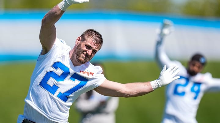 Detroit Lions safety Ian Kennelly (27) practices during rookie mini camp at Meijer Performance Center in Allen Park on Friday, May 9, 2025.