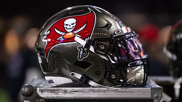 Oct 13, 2024; New Orleans, Louisiana, USA;  Detailed view of the Tampa Bay Buccaneers helmet against the New Orleans Saints during the first half at Caesars Superdome. Mandatory Credit: Stephen Lew-Imagn Images