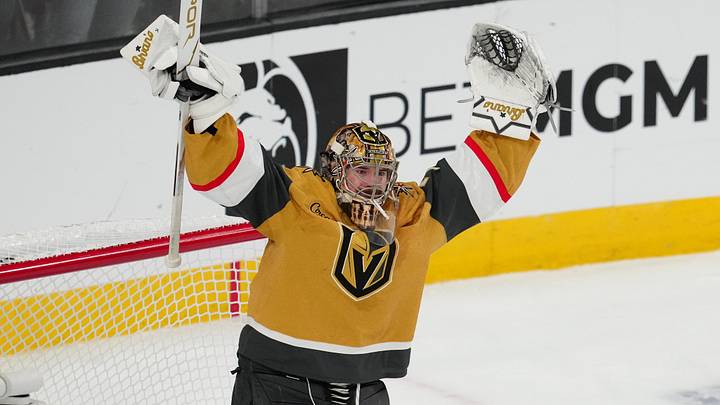 May 26, 2026; Las Vegas, Nevada, USA; Vegas Golden Knights goaltender Carter Hart (79) celebrates winning the Western Conference playoffs against the Colorado Avalanche in game four of the Western Conference Final of the 2026 Stanley Cup Playoffs at T-Mobile Arena. Mandatory Credit: Stephen R. Sylvanie-Imagn Images May 26, 2026; Las Vegas, Nevada, USA; Vegas Golden Knights goaltender Carter Hart (79) celebrates winning the Western Conference playoffs against the Colorado Avalanche in game four of the Western Conference Final of the 2026 Stanley Cup Playoffs at T-Mobile Arena. Mandatory Credit: Stephen R. Sylvanie-Imagn Images